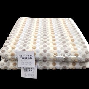 2pc Common Thread Bath Towel Set Tan Gray White Dot 100% Zero Twist Cotton NEW